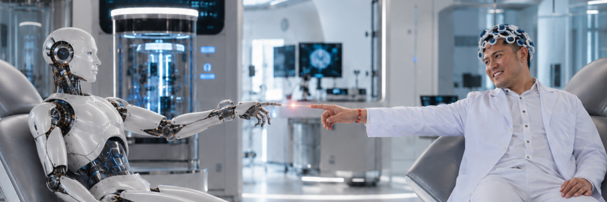 Herbert Sim and a humanoid robot in the Neurochip laboratory
